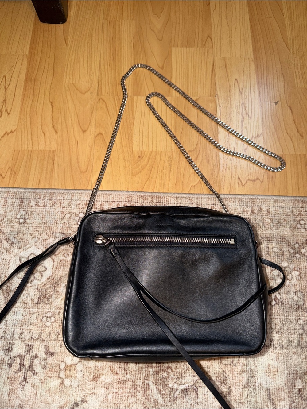 AllSaints Black Leather Crossbody with Silver Chain Strap
